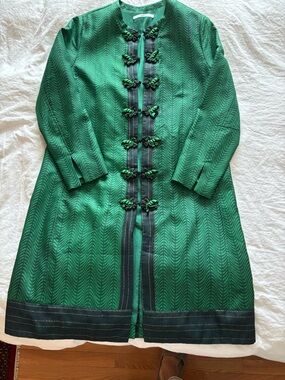 Green Silk Long Coat with Frog Closures, Silk Camisole and Silk Pants